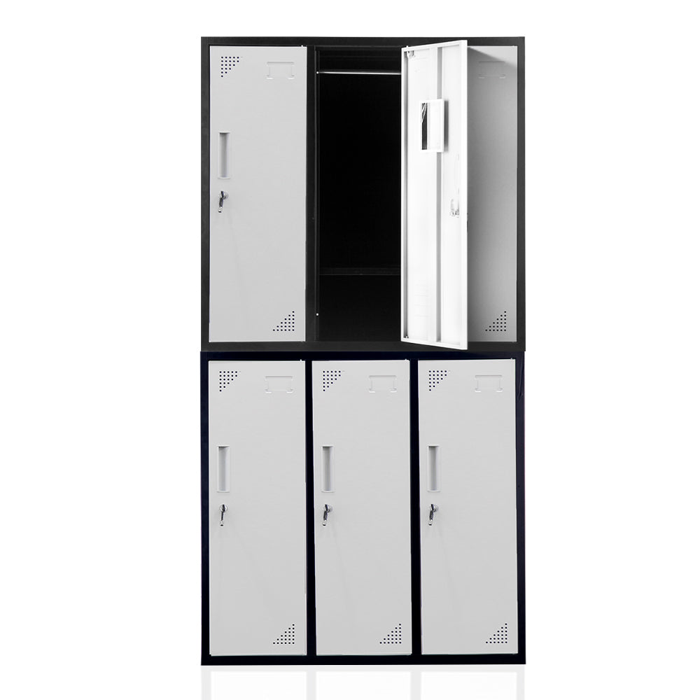 6-Door Metal Storage Cabinet with Locks for Gym, Office, or Home - Black/Grey