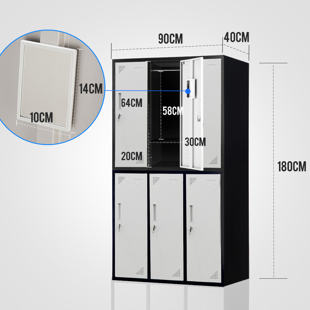 6-Door Metal Storage Cabinet with Locks for Gym, Office, or Home - Black/Grey