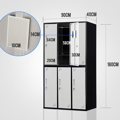 6-Door Metal Storage Cabinet with Locks for Gym, Office, or Home - Black/Grey