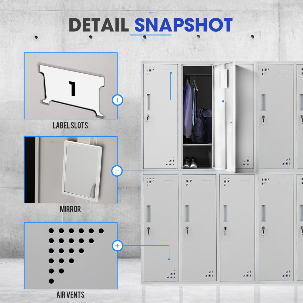 6-Door Metal Storage Cabinet with Locks for Gym, Office, or Home - Grey