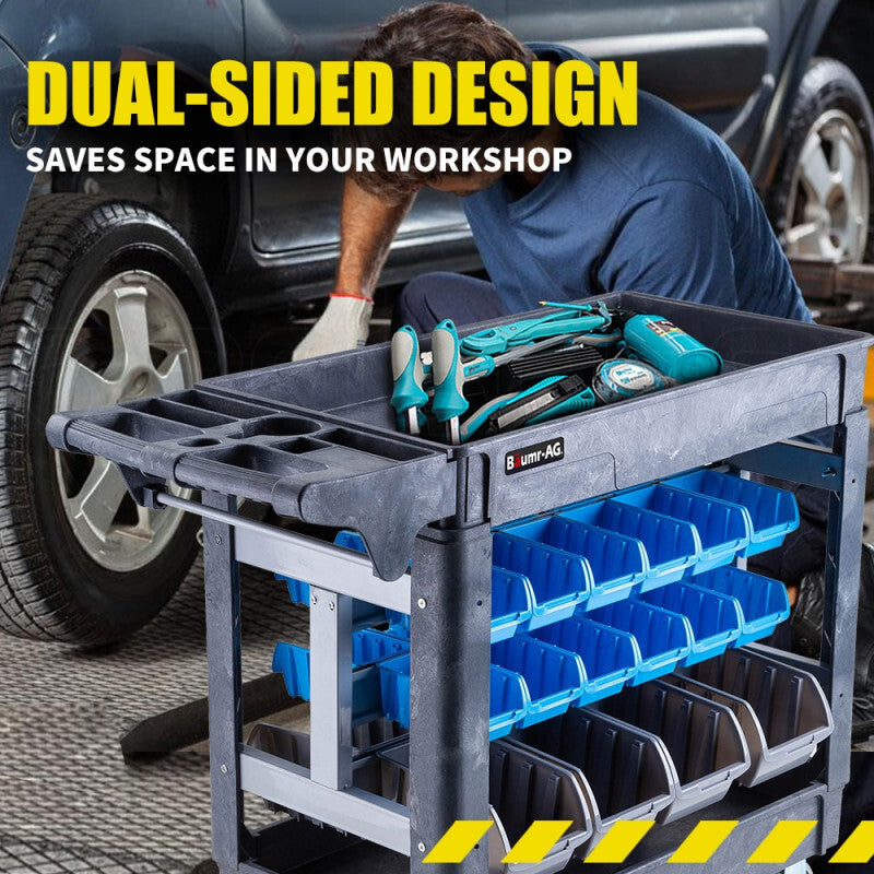 Heavy Duty Mobile Utility Cart with Bins, 227kg Capacity, 2 Shelves, 32 Bins