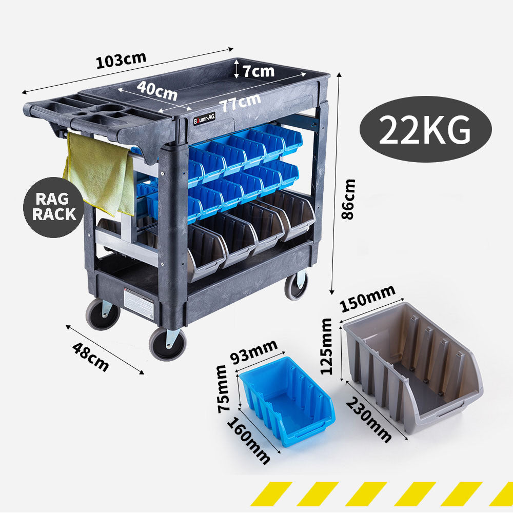 Heavy Duty Mobile Utility Cart with Bins, 227kg Capacity, 2 Shelves, 32 Bins