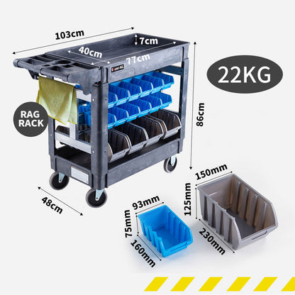 Heavy Duty Mobile Utility Cart with Bins, 227kg Capacity, 2 Shelves, 32 Bins