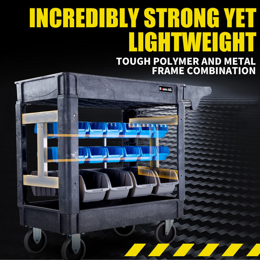 Heavy Duty Mobile Utility Cart with Bins, 227kg Capacity, 2 Shelves, 32 Bins