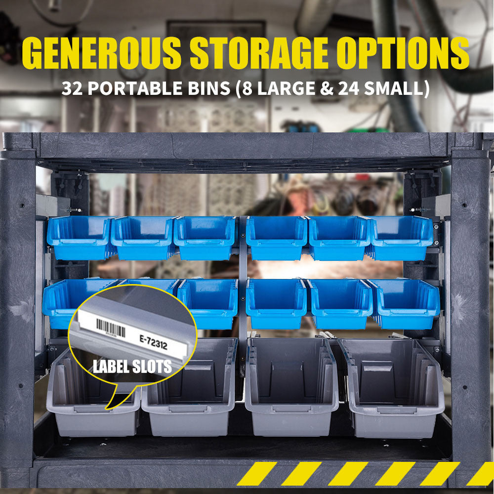 Heavy Duty Mobile Utility Cart with Bins, 227kg Capacity, 2 Shelves, 32 Bins