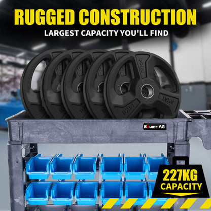 Heavy Duty Mobile Utility Cart with Bins, 227kg Capacity, 2 Shelves, 32 Bins