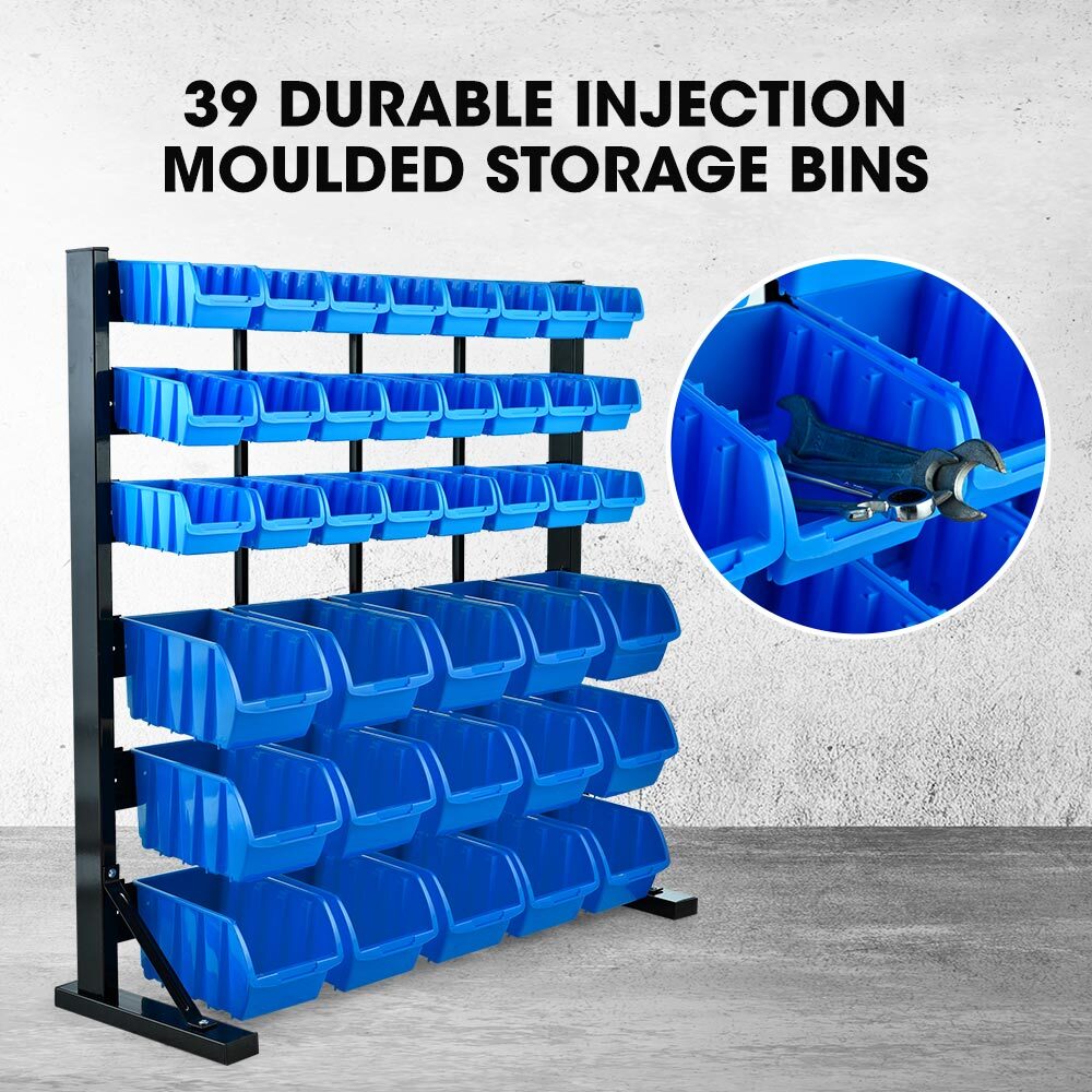39-Compartment Floor Bin Rack System with Steel Frame and Label Slots