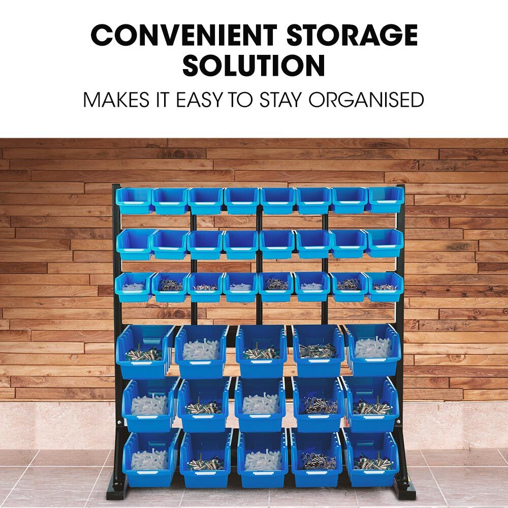 39-Compartment Floor Bin Rack System with Steel Frame and Label Slots