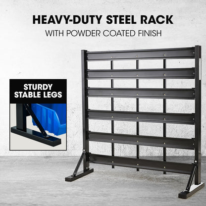 39-Compartment Floor Bin Rack System with Steel Frame and Label Slots