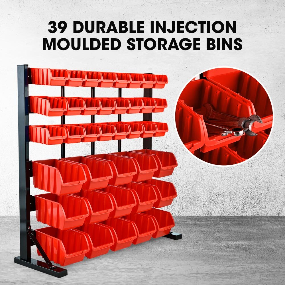 Heavy-Duty 6-Tier Bin Rack with 39 Tubs, Floor Mount, Red (0.99m)