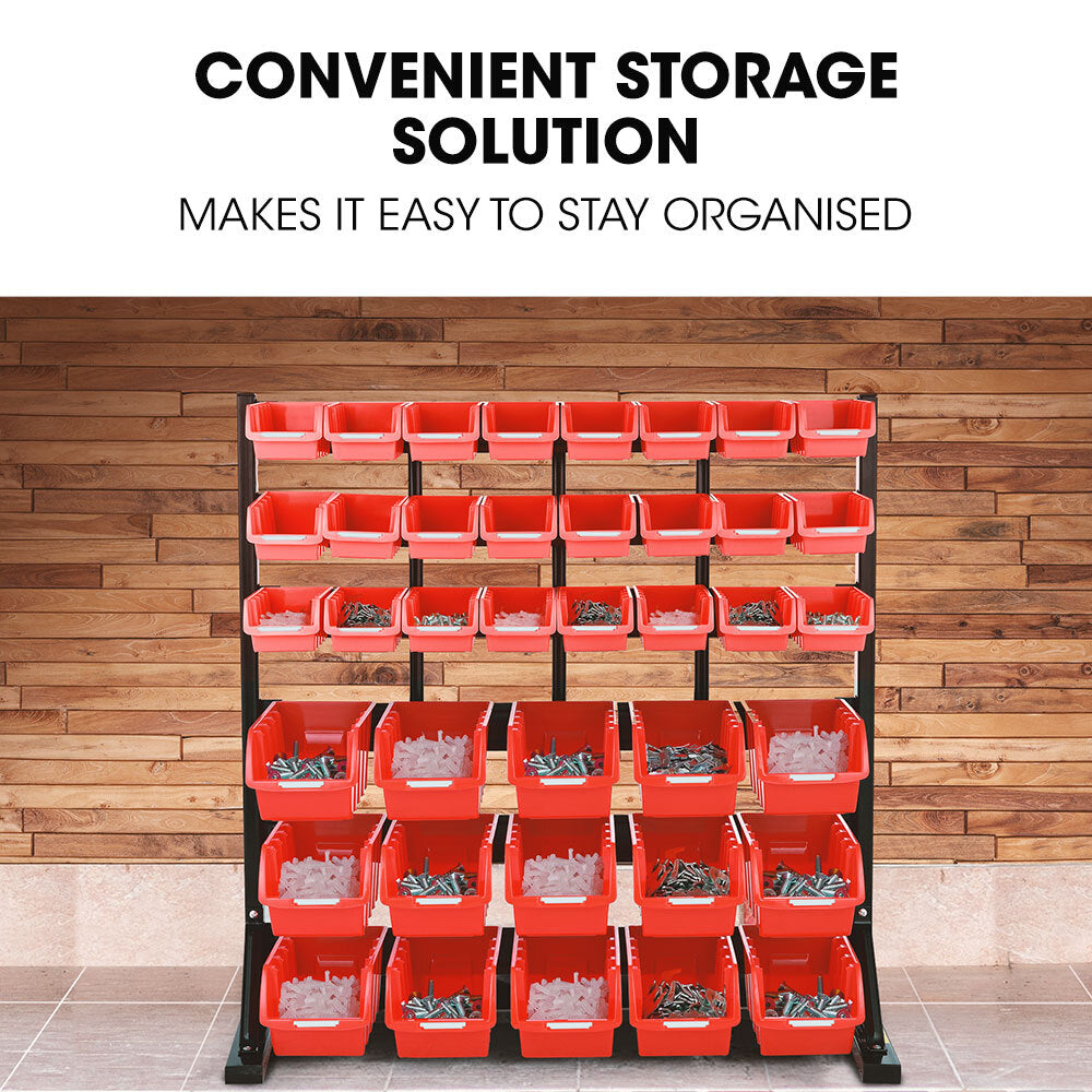 Heavy-Duty 6-Tier Bin Rack with 39 Tubs, Floor Mount, Red (0.99m)