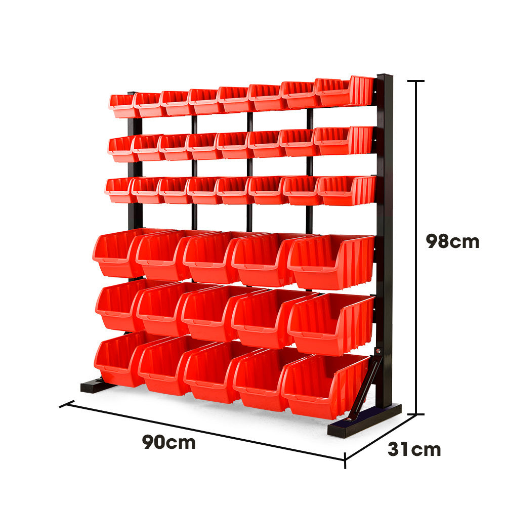 Heavy-Duty 6-Tier Bin Rack with 39 Tubs, Floor Mount, Red (0.99m)