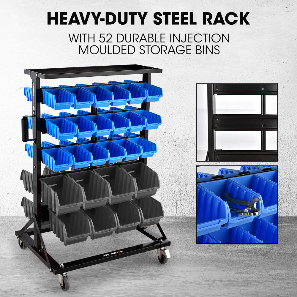 Mobile Double-Sided Bin Rack Storage System with 52 Bins - Blue