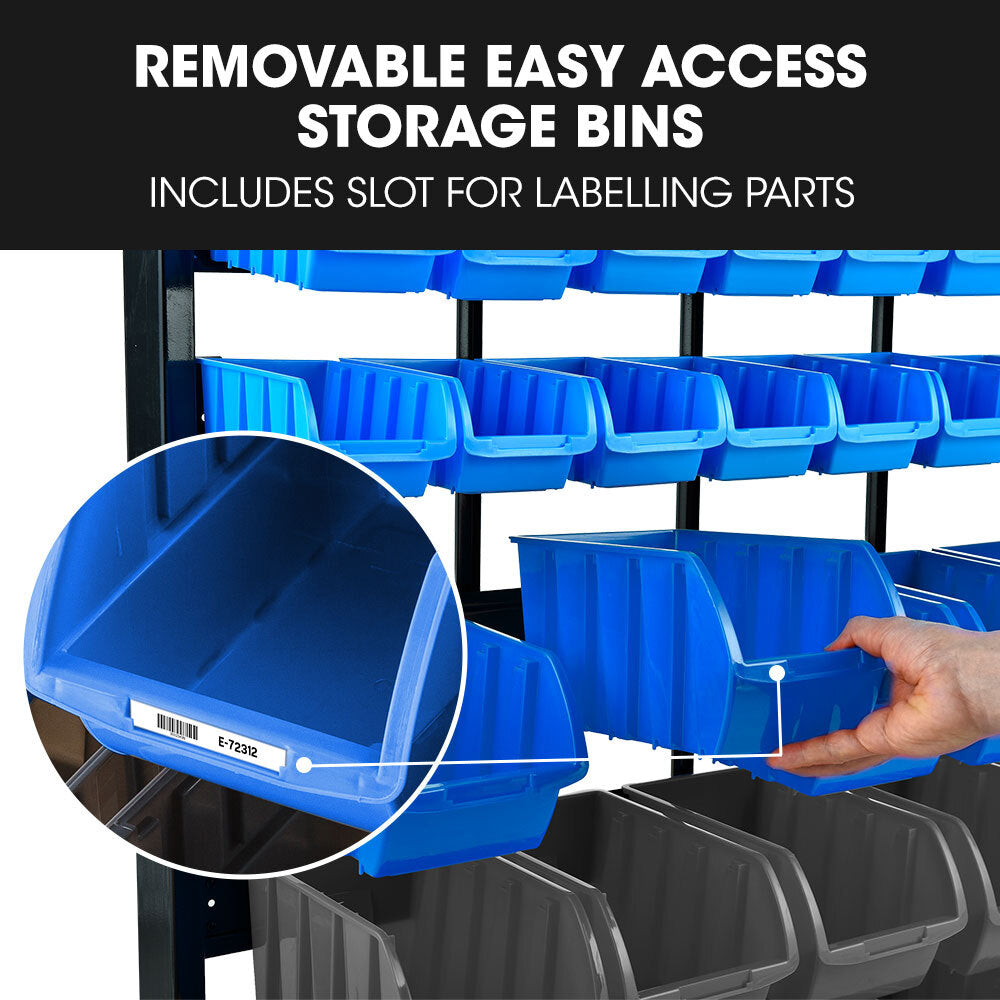 Mobile Double-Sided Bin Rack Storage System with 52 Bins - Blue