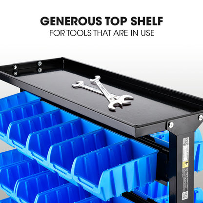 Mobile Double-Sided Bin Rack Storage System with 52 Bins - Blue