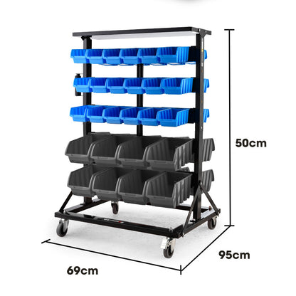 Mobile Double-Sided Bin Rack Storage System with 52 Bins - Blue
