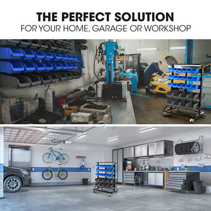 Mobile Double-Sided Bin Rack Storage System with 52 Bins - Blue