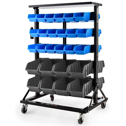 Mobile Double-Sided Bin Rack Storage System with 52 Bins - Blue