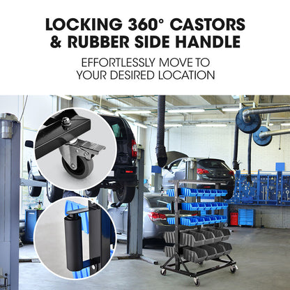 Mobile Double-Sided Bin Rack Storage System with 52 Bins - Blue