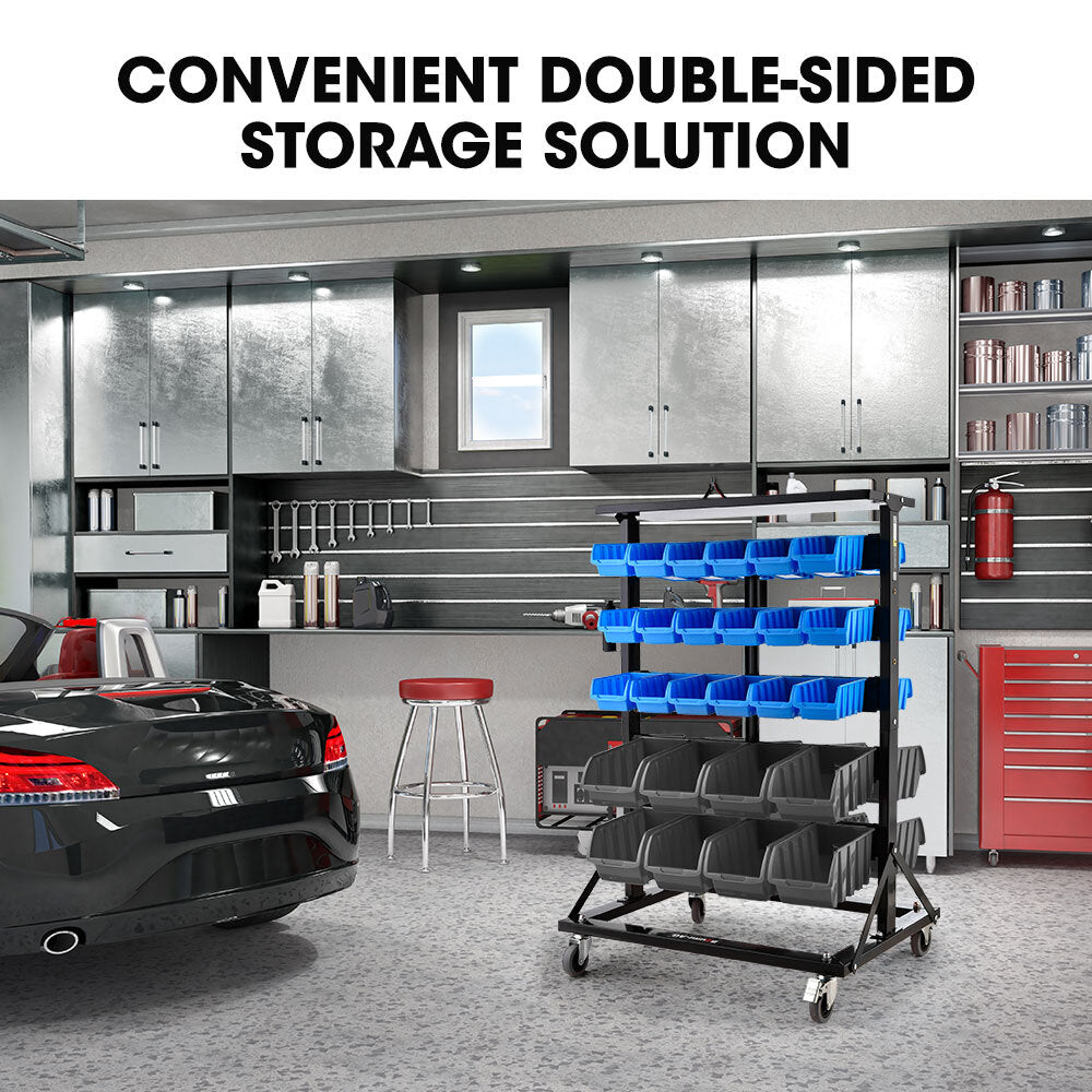 Mobile Double-Sided Bin Rack Storage System with 52 Bins - Blue