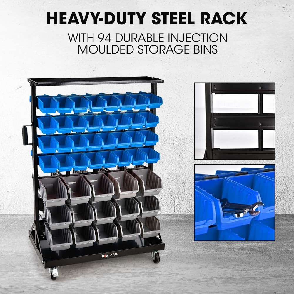 Mobile Double-Sided Bin Rack Storage System with 94 Bins - Blue, 7-Tier