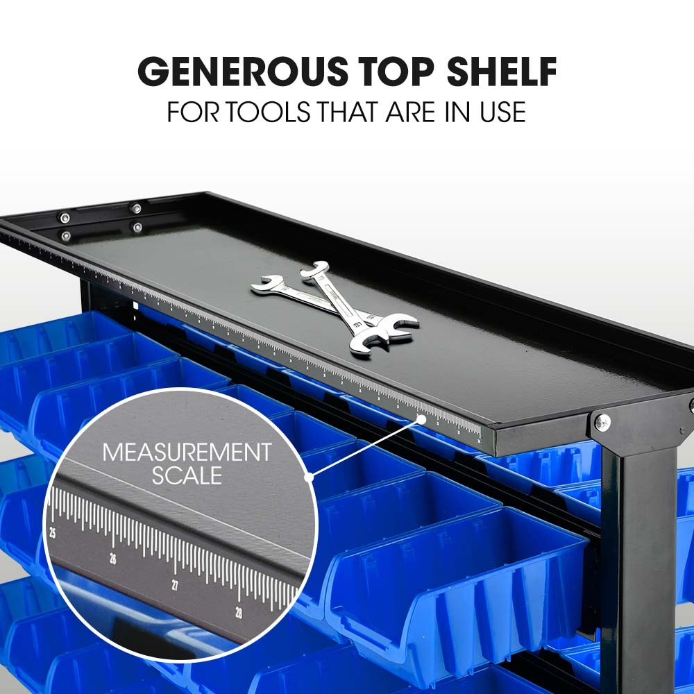 Mobile Double-Sided Bin Rack Storage System with 94 Bins - Blue, 7-Tier