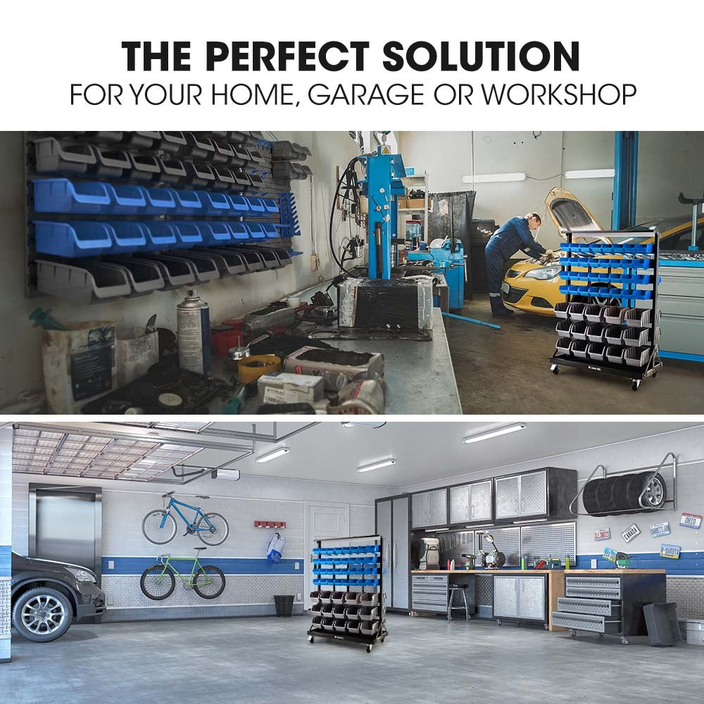 Mobile Double-Sided Bin Rack Storage System with 94 Bins - Blue, 7-Tier