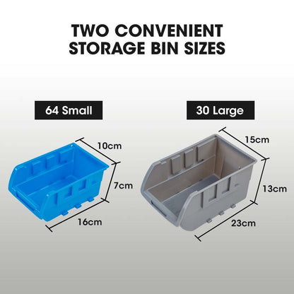 Mobile Double-Sided Bin Rack Storage System with 94 Bins - Blue, 7-Tier