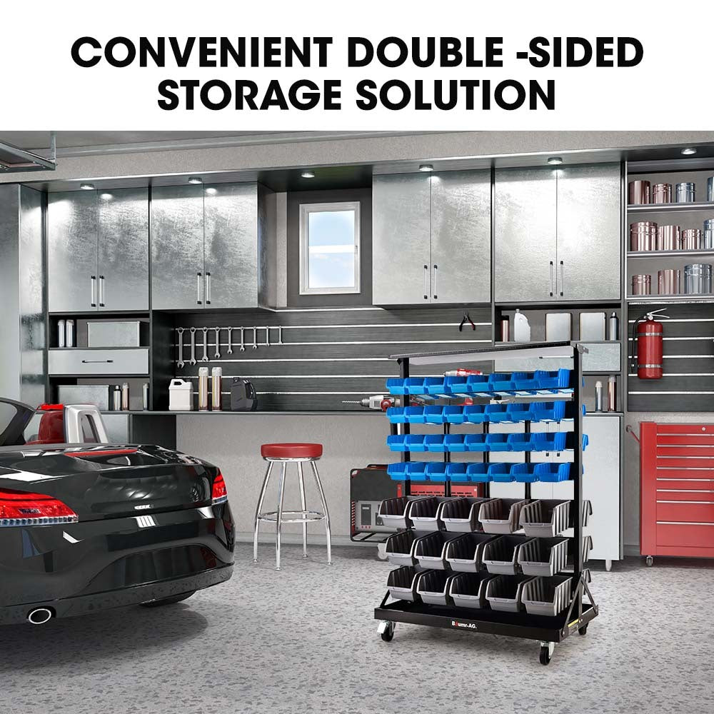 Mobile Double-Sided Bin Rack Storage System with 94 Bins - Blue, 7-Tier