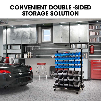 Mobile Double-Sided Bin Rack Storage System with 94 Bins - Blue, 7-Tier