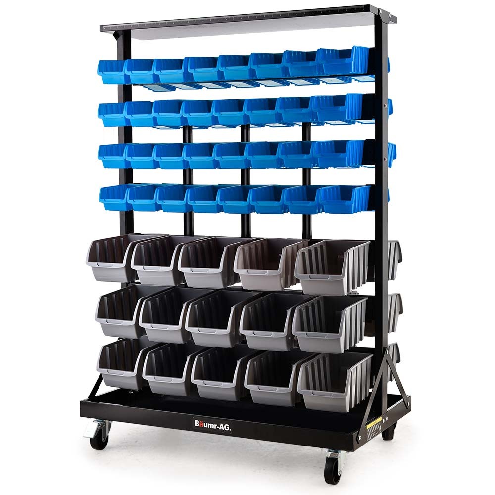 Mobile Double-Sided Bin Rack Storage System with 94 Bins - Blue, 7-Tier