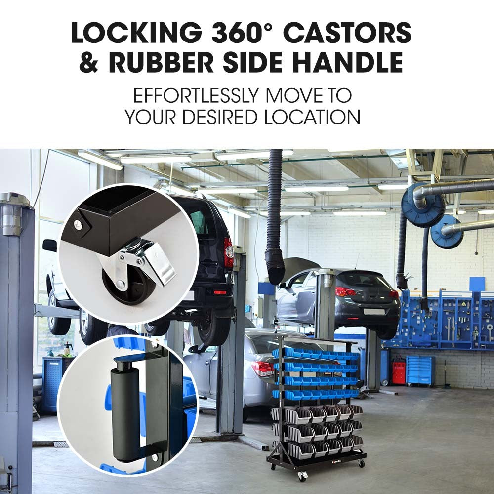 Mobile Double-Sided Bin Rack Storage System with 94 Bins - Blue, 7-Tier