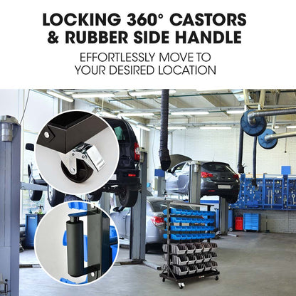 Mobile Double-Sided Bin Rack Storage System with 94 Bins - Blue, 7-Tier