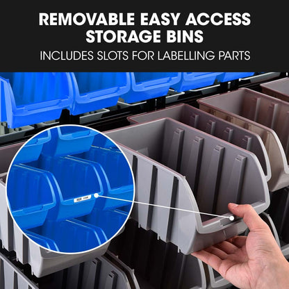 Mobile Double-Sided Bin Rack Storage System with 94 Bins - Blue, 7-Tier