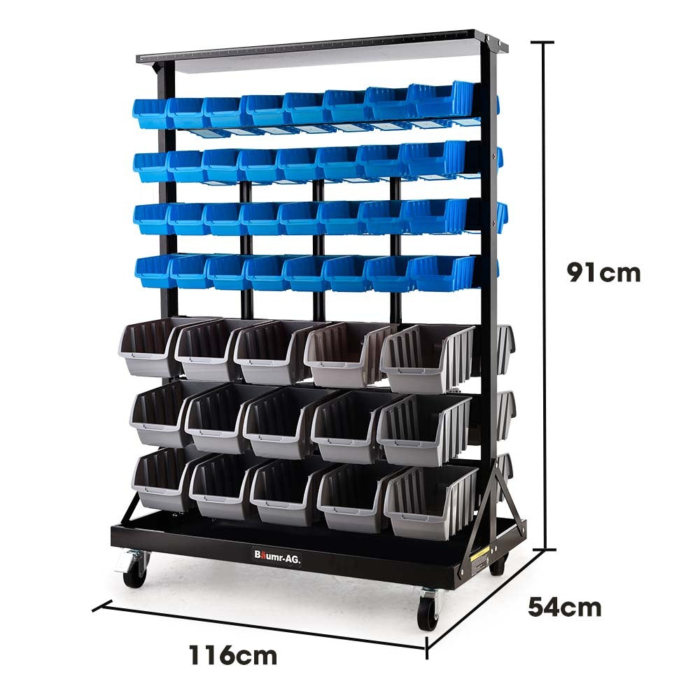 Mobile Double-Sided Bin Rack Storage System with 94 Bins - Blue, 7-Tier