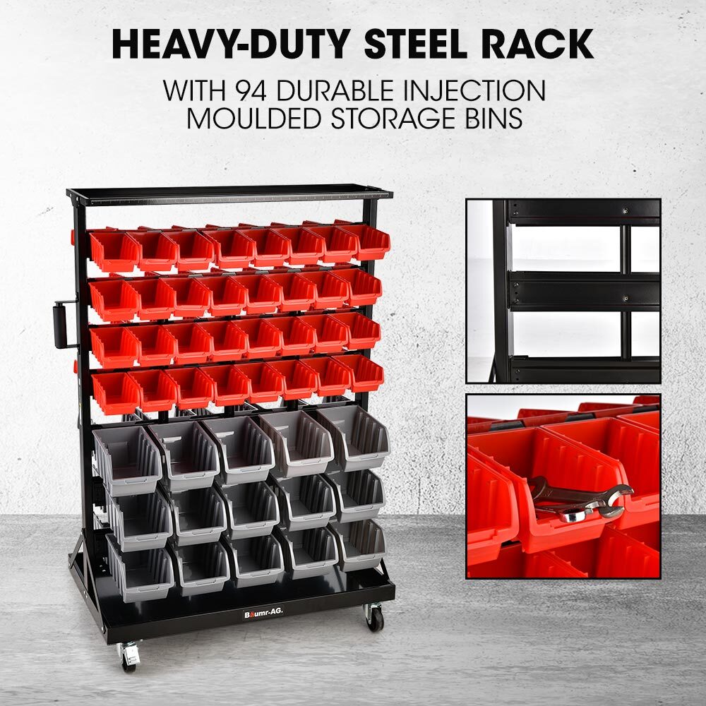 Mobile Double-Sided Bin Rack Storage System with 94 Bins - Red, 1.8m Steel Frame