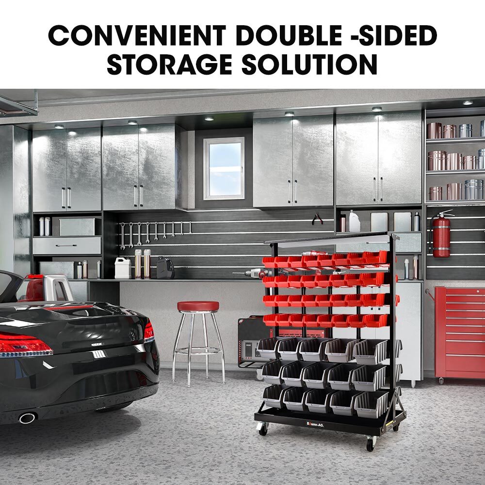 Mobile Double-Sided Bin Rack Storage System with 94 Bins - Red, 1.8m Steel Frame