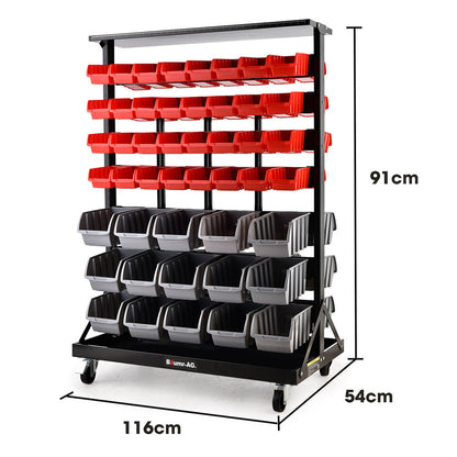 Mobile Double-Sided Bin Rack Storage System with 94 Bins - Red, 1.8m Steel Frame