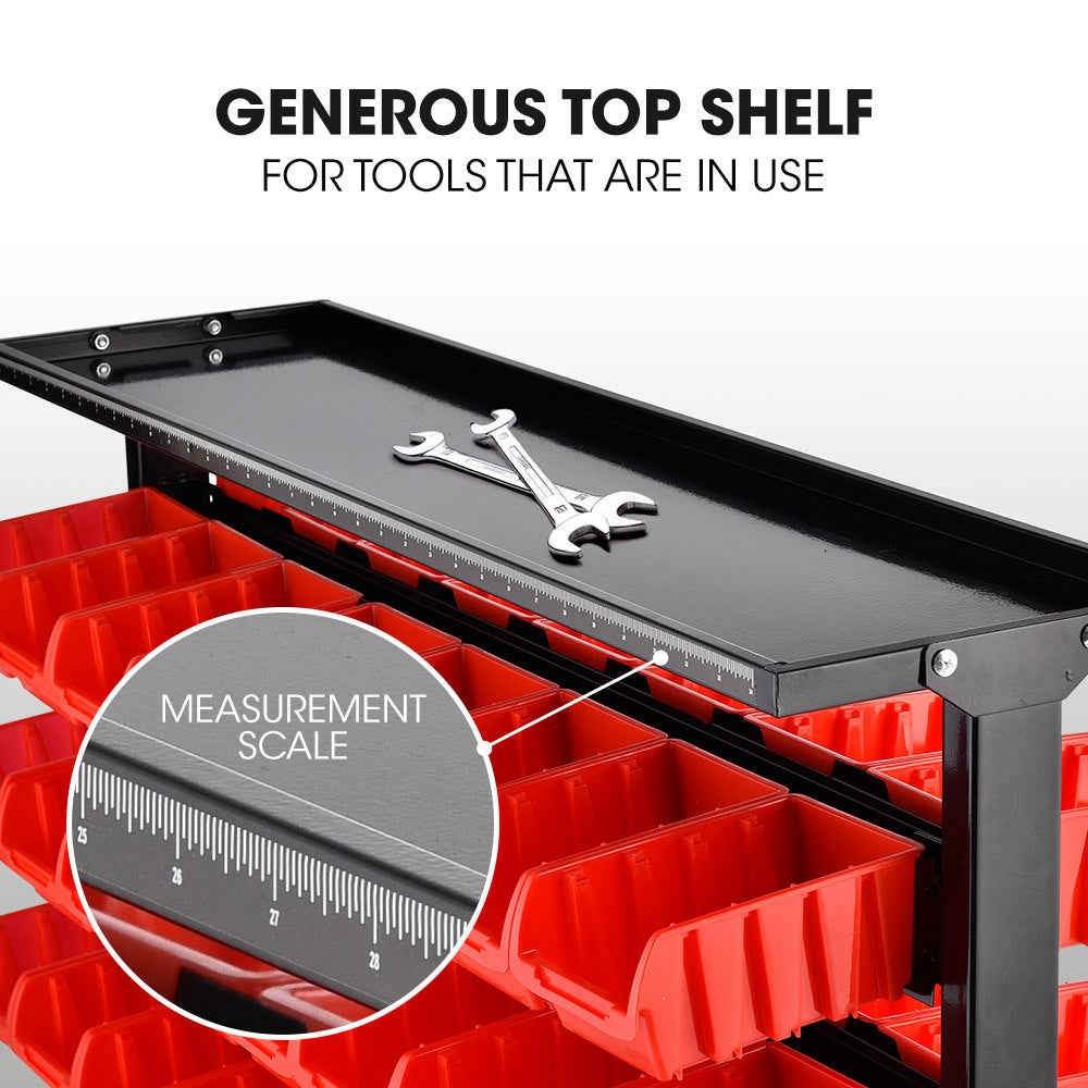 Mobile Double-Sided Bin Rack Storage System with 94 Bins - Red, 1.8m Steel Frame