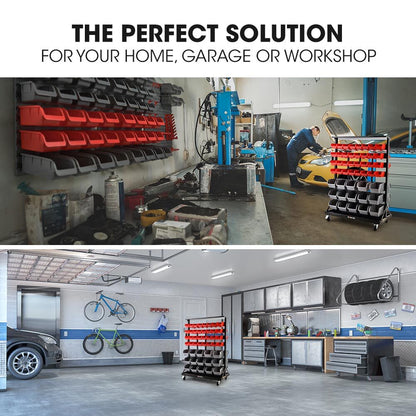 Mobile Double-Sided Bin Rack Storage System with 94 Bins - Red, 1.8m Steel Frame