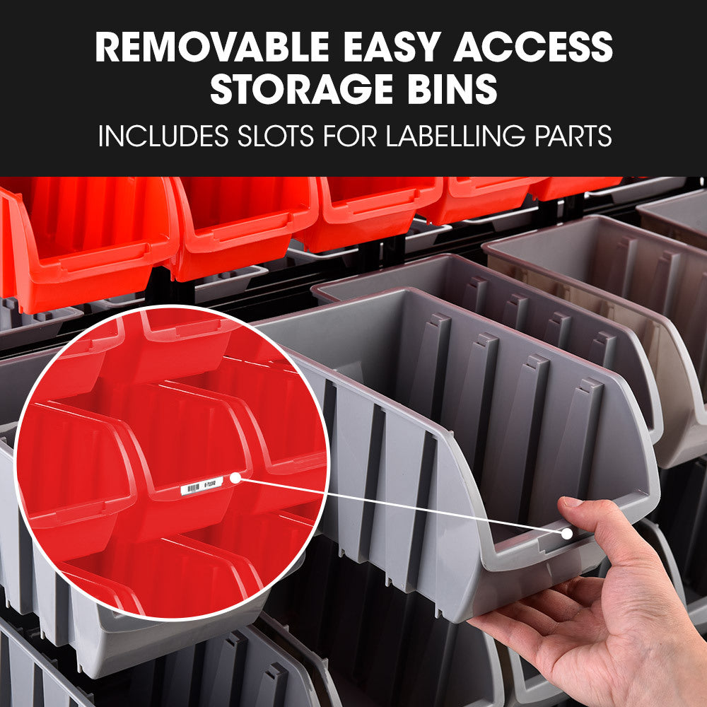 Mobile Double-Sided Bin Rack Storage System with 94 Bins - Red, 1.8m Steel Frame