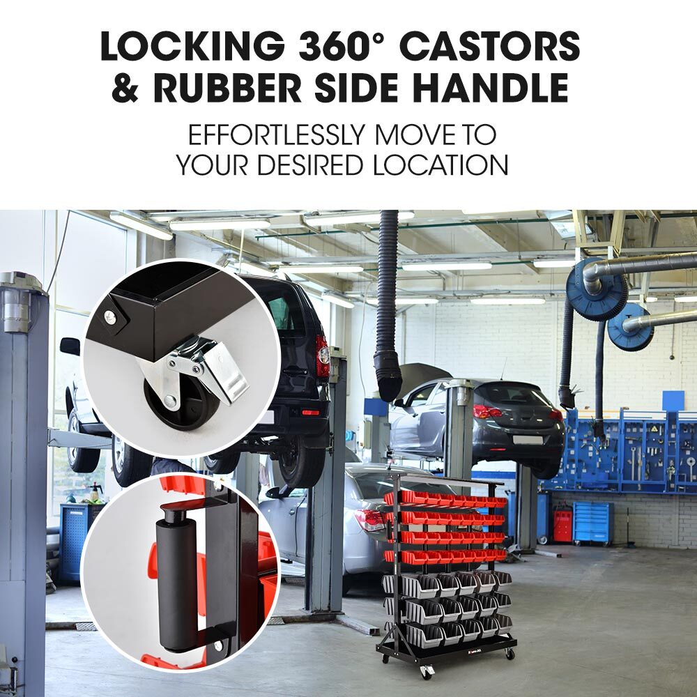 Mobile Double-Sided Bin Rack Storage System with 94 Bins - Red, 1.8m Steel Frame