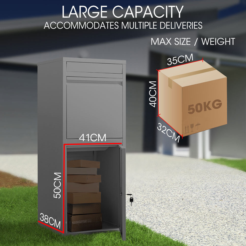 Freestanding Parcel & Letter Box with Secure Lid and Large Capacity, Grey