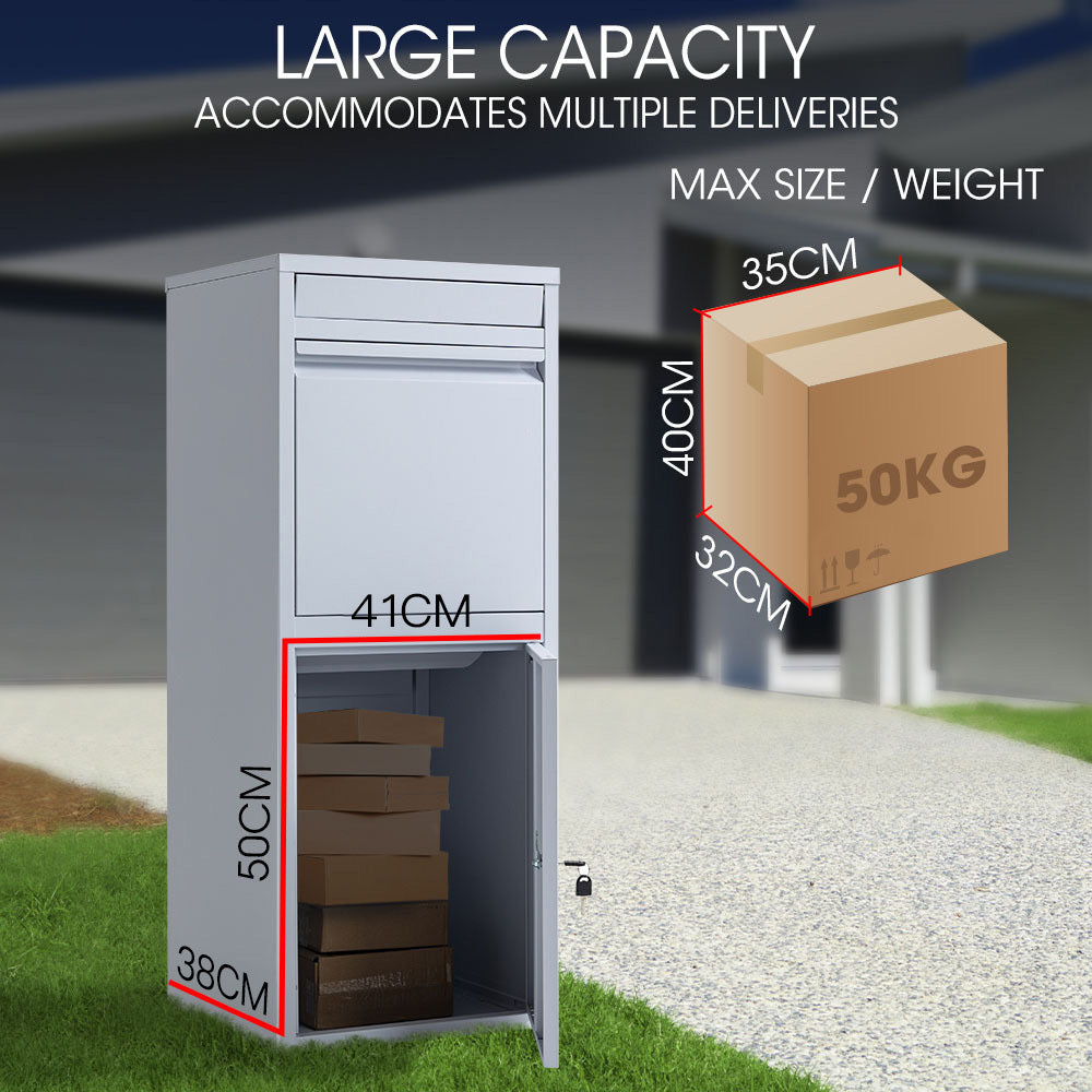 Freestanding Secure Steel Parcel & Letter Box with Large Capacity - Light Grey