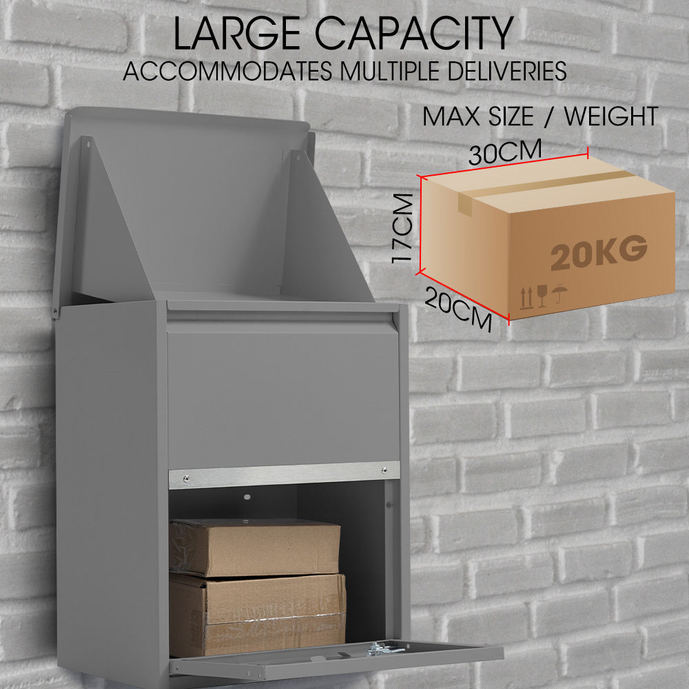 Wall Mounted Parcel Box with Secure Lid, Grey - 0.8m Steel, Anti-Rust