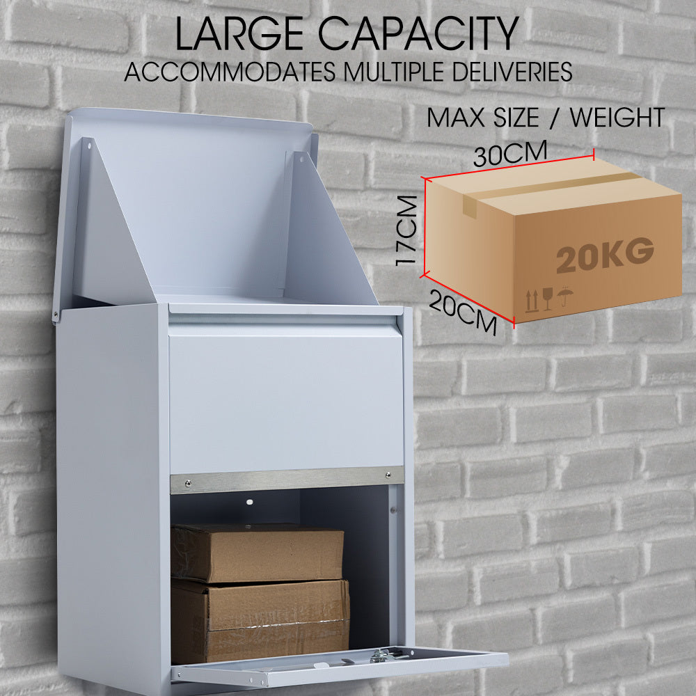 Secure Wall Mounted Parcel Box with Theft-Proof Lid, Light Grey, 0.8m Steel