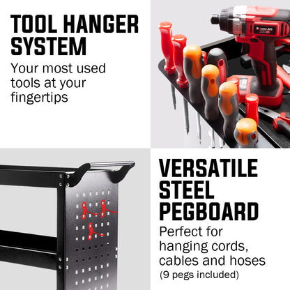 3-Tier Steel Tool Trolley Cart with Pegboard, 150kg Capacity, 0.76m Shelves