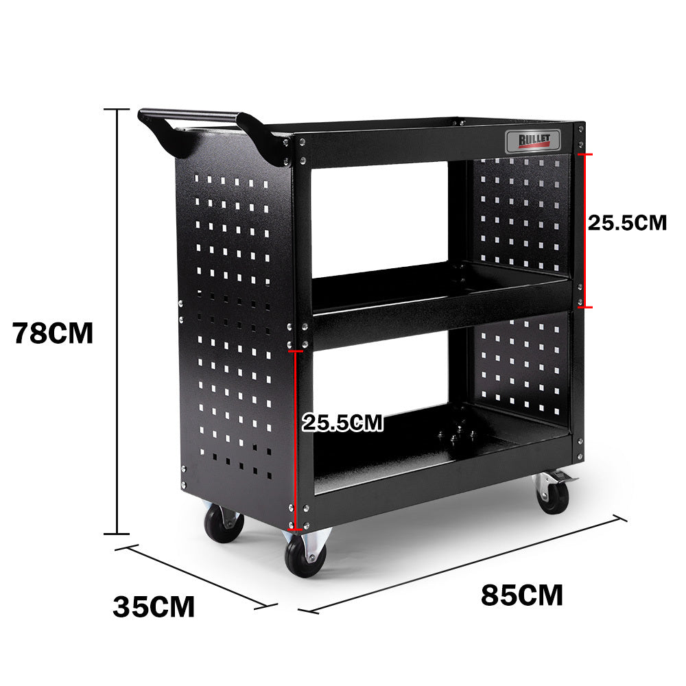 3-Tier Steel Tool Trolley Cart with Pegboard, 150kg Capacity, 0.76m Shelves