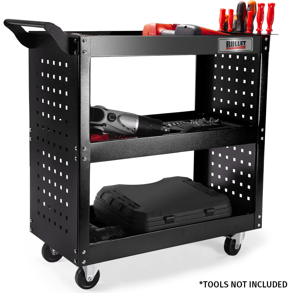 3-Tier Steel Tool Trolley Cart with Pegboard, 150kg Capacity, 0.76m Shelves