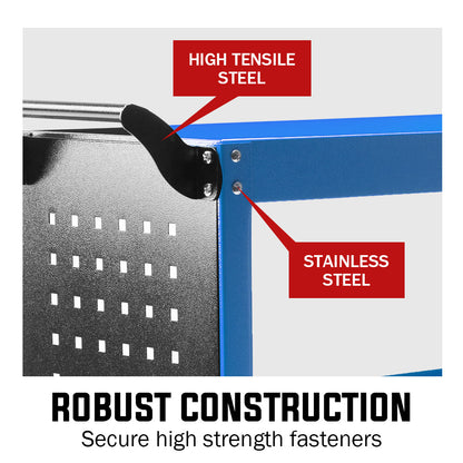 3-Tier Steel Tool Cart with Pegboard, 150kg Capacity, 1.5m High, Blue